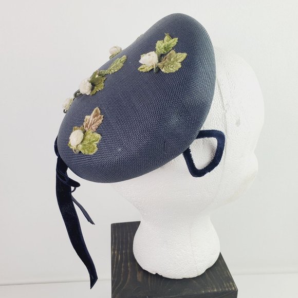 Vtg Original Touster Teentype Women's 3D Floral Blue Wicker Calot Hat Velvet Bow - Picture 8 of 12